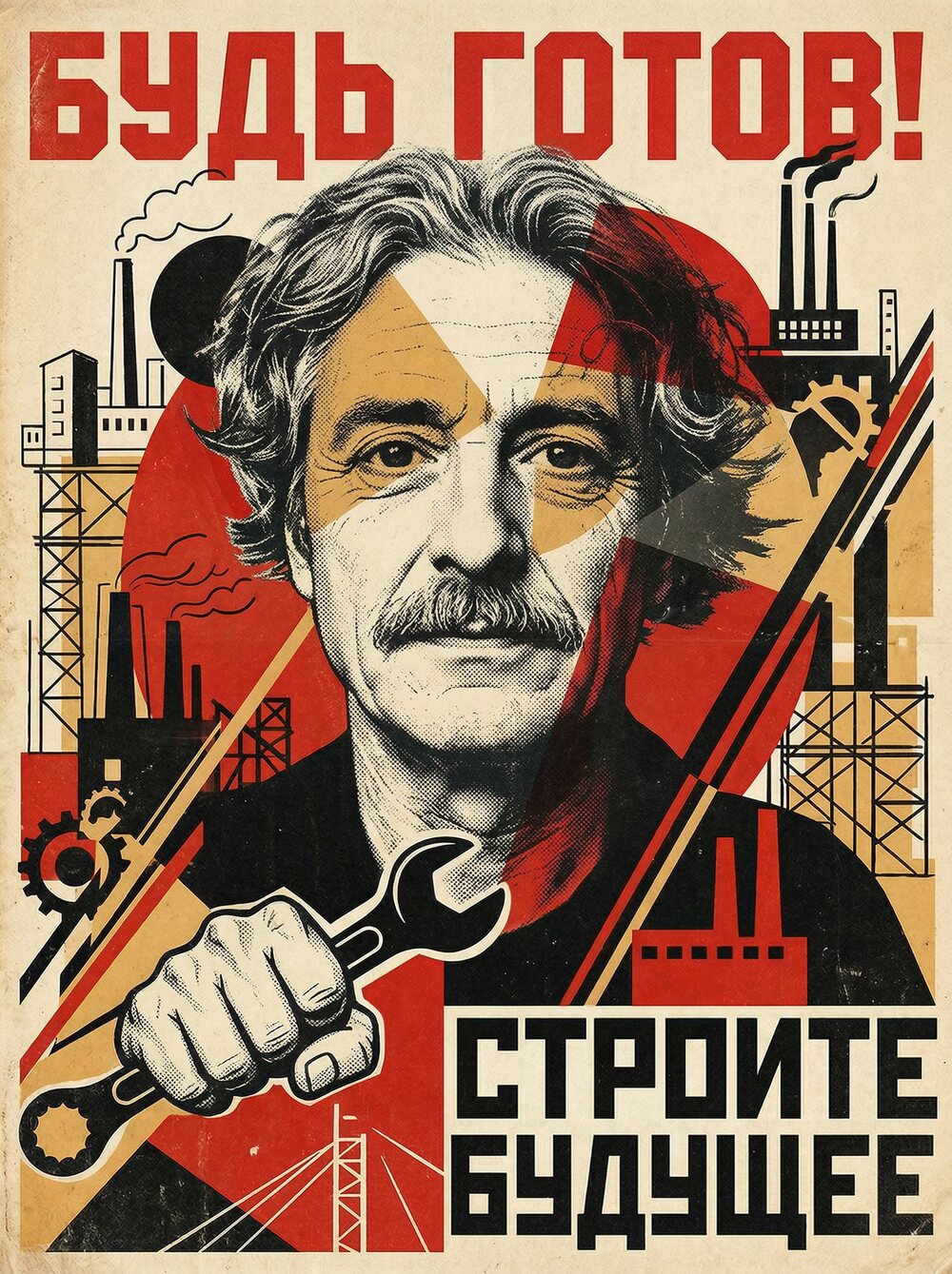 Affiche de propagande : Léon Koski, clé à molette au poing, sur fond d'usines. « БУДЬ ГОТОВ! — СТРОЙТЕ БУДУЩЕЕ »