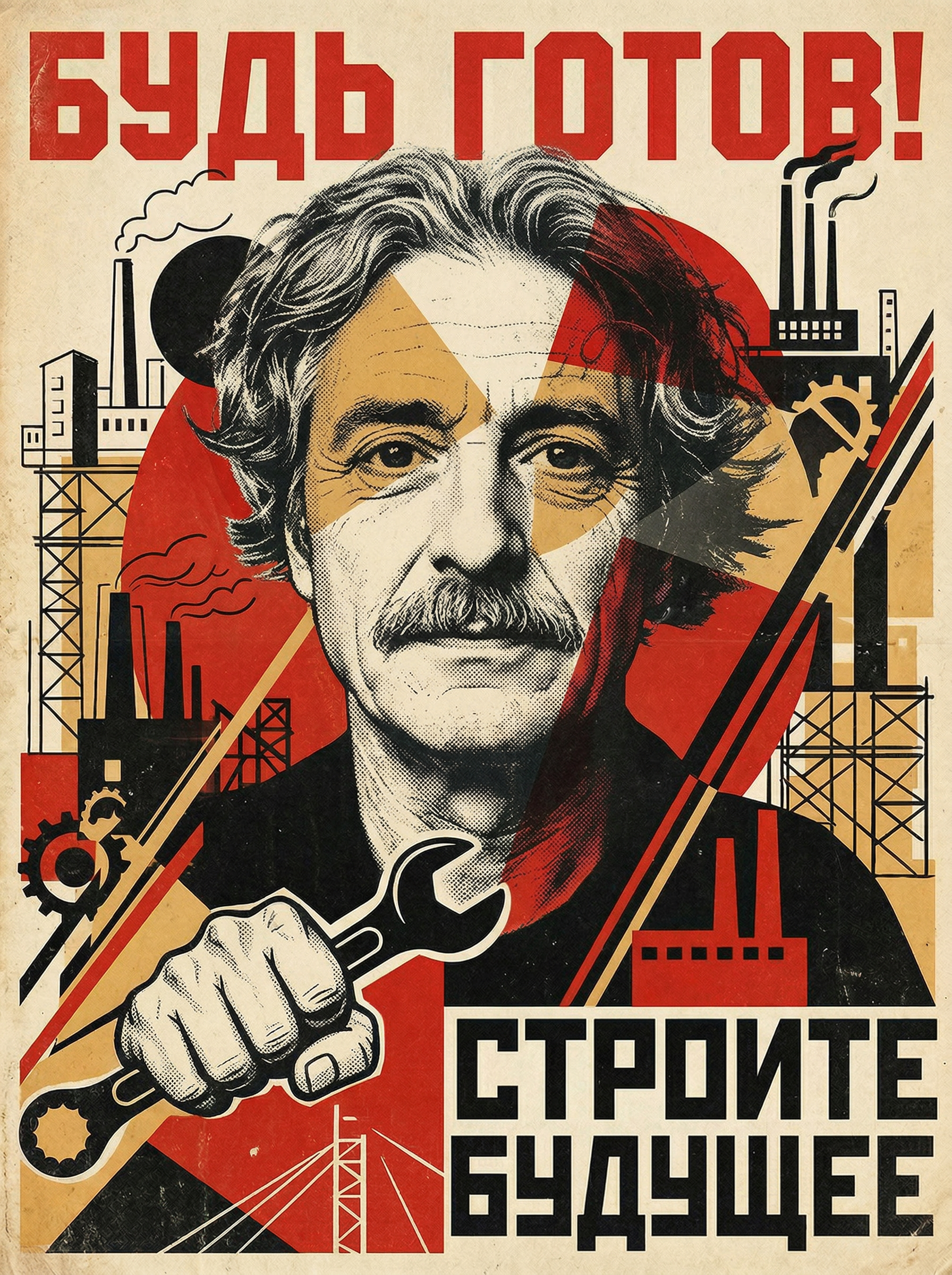 Affiche de propagande : Léon Koski, clé à molette au poing, sur fond d'usines. « БУДЬ ГОТОВ! — СТРОЙТЕ БУДУЩЕЕ »